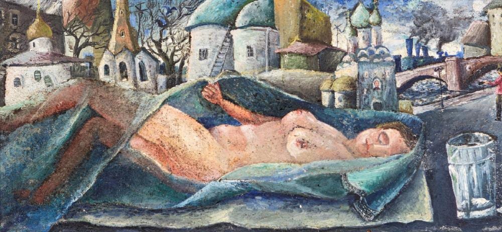 Viatcheslav Kalinin comparable auction result: viacheslav kalinin mosca 1939 naked woman in the city oil on the table 30x64 cm in frame 41x75 5 cm on back a signs coll ugo pirro rome coll private rome