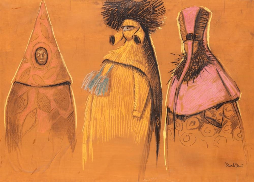 Danilo Donati comparable auction result: danilo donati luzzara 1926 roma 2001 untitled drawing for stage costumes pastels on paper 86 5x121 5 cm in frame 91x126 cm signature at the bottom right danilo donati