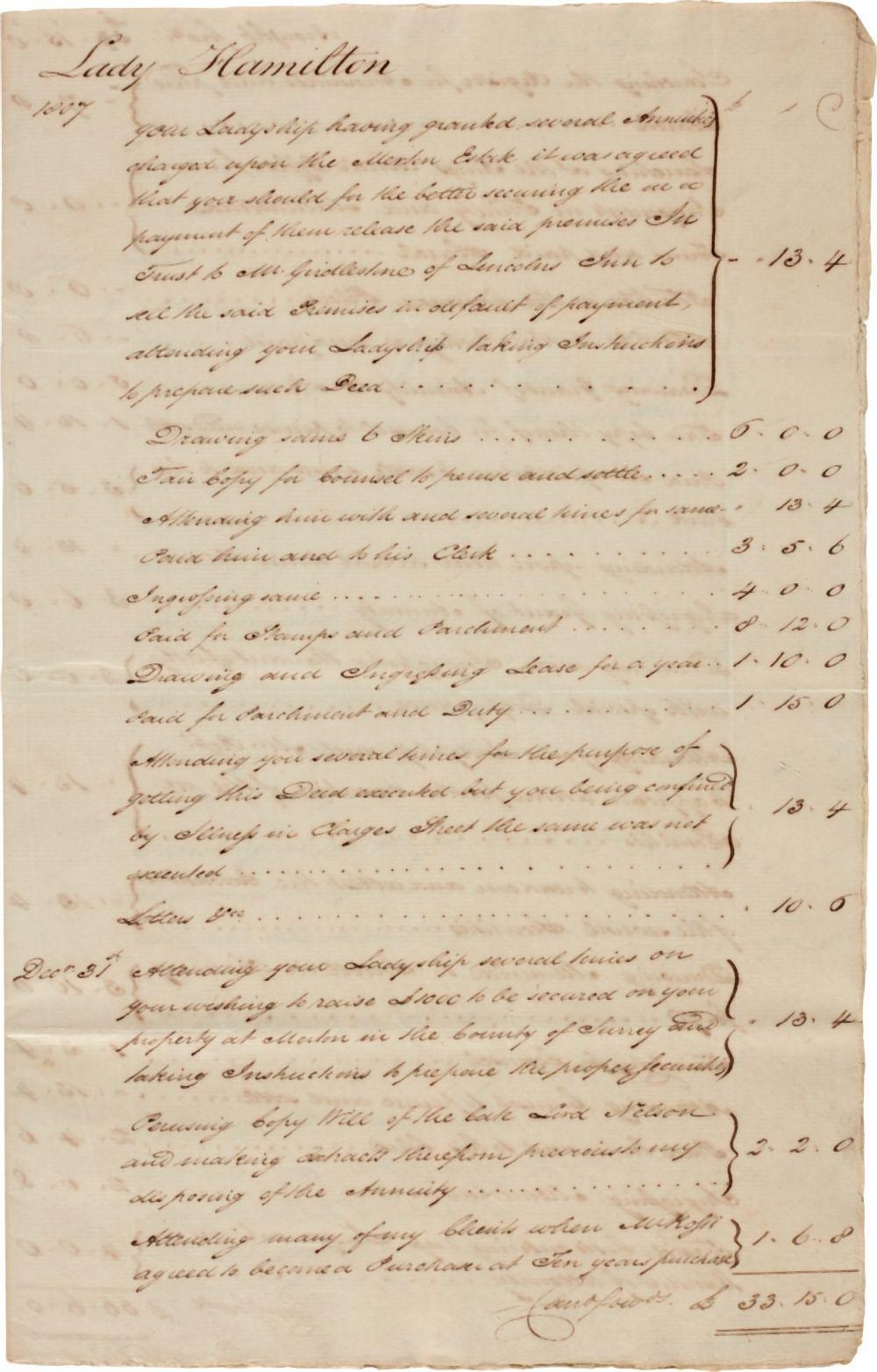 Emanuel de la Villéon comparable auction result: emma lady hamilton john dawson bill for legal services 1807 9