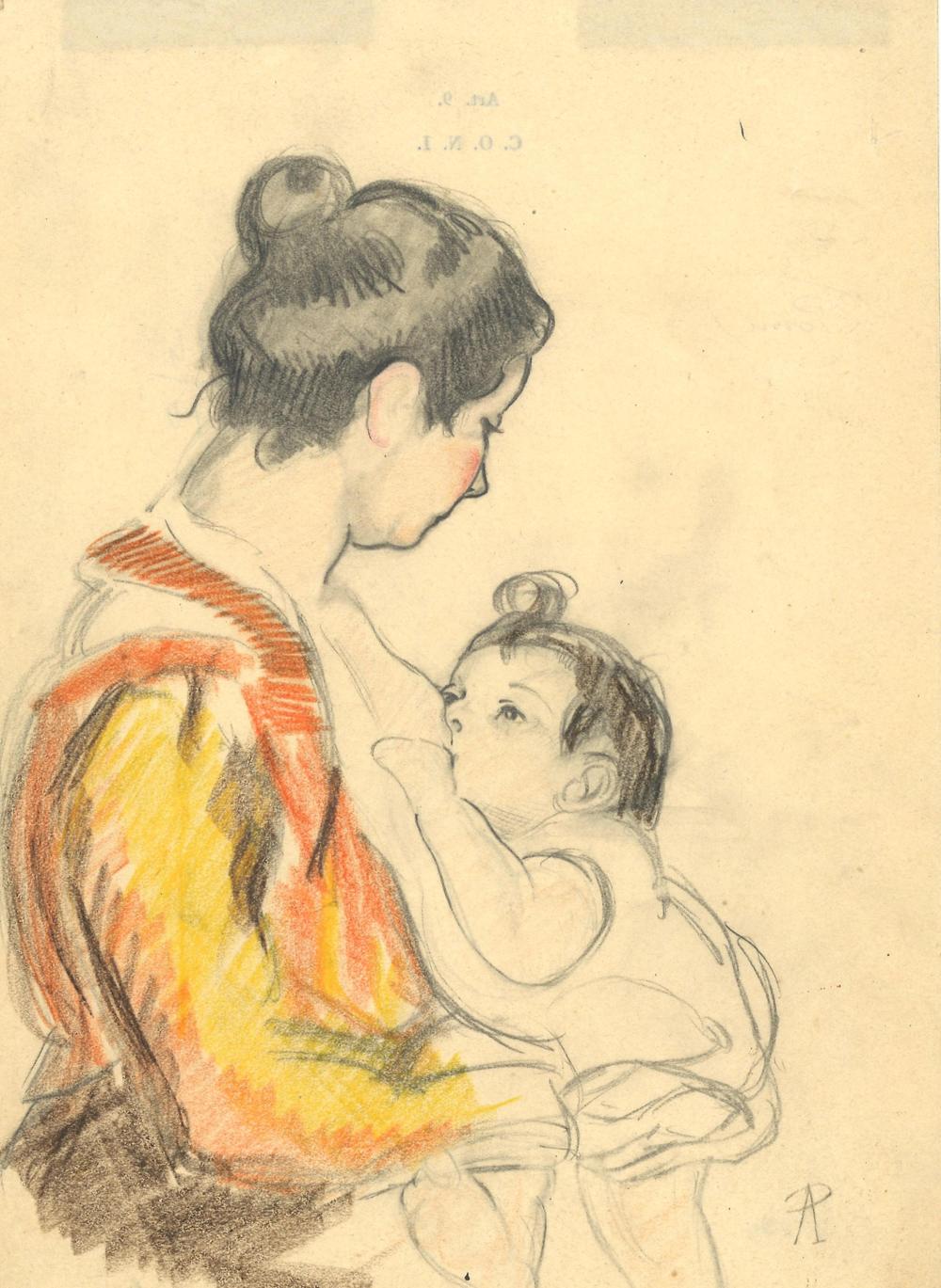 Alessandro Pomi comparable auction result: alessandro pomi 1890 1976 donna che allatta matite colorate cm 24 5x18