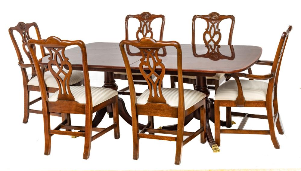 Lineage Funiture (American) Mahogany Dining Table And Six Chairs, H 29" W 44.5" L 75" (Table) sold by DuMouchelles, lot 513 — auction record photograph