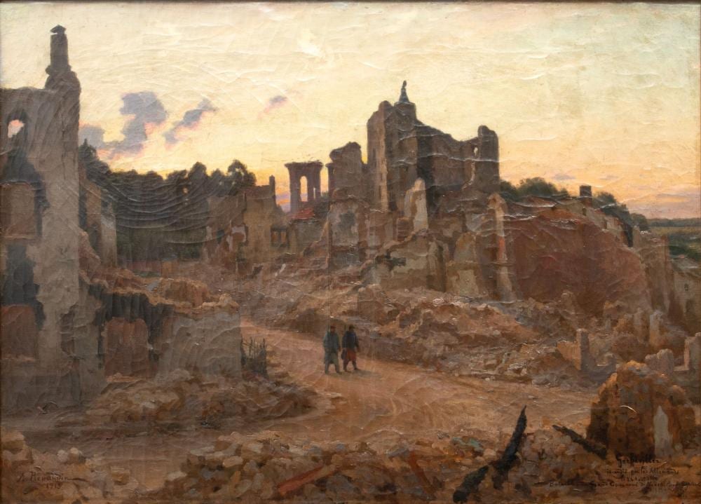 Alfred Renaudin comparable auction result: alfred renaudin french 1866 1944 oil on canvas 1915 gerb viller after the battle of grand couronn h 20 5 w 28