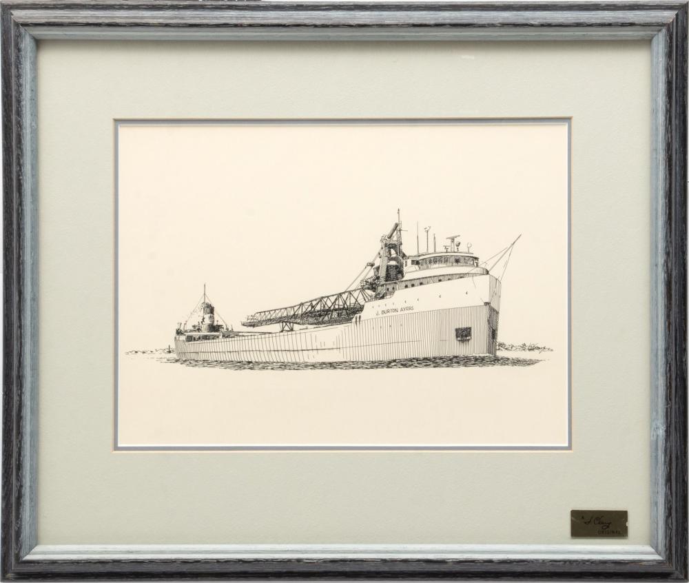 Jim Clary comparable auction result: jim clary american 1939 2018 ink sketch on paper ca 1970s the great lakes freighter j burton ayers h 9 5 w 12 5