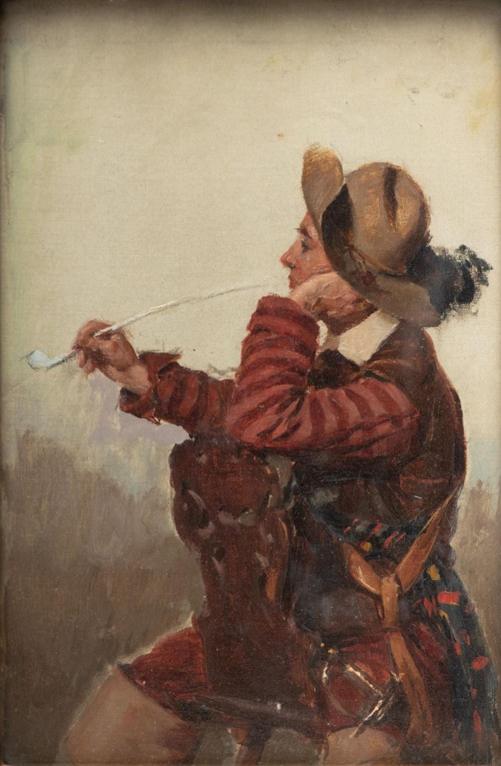 Joseph W. Gies comparable auction result: joseph w gies american 1860 1935 oil on canvas mounted to board ca 1914 smoking cavalier h 11 w 8