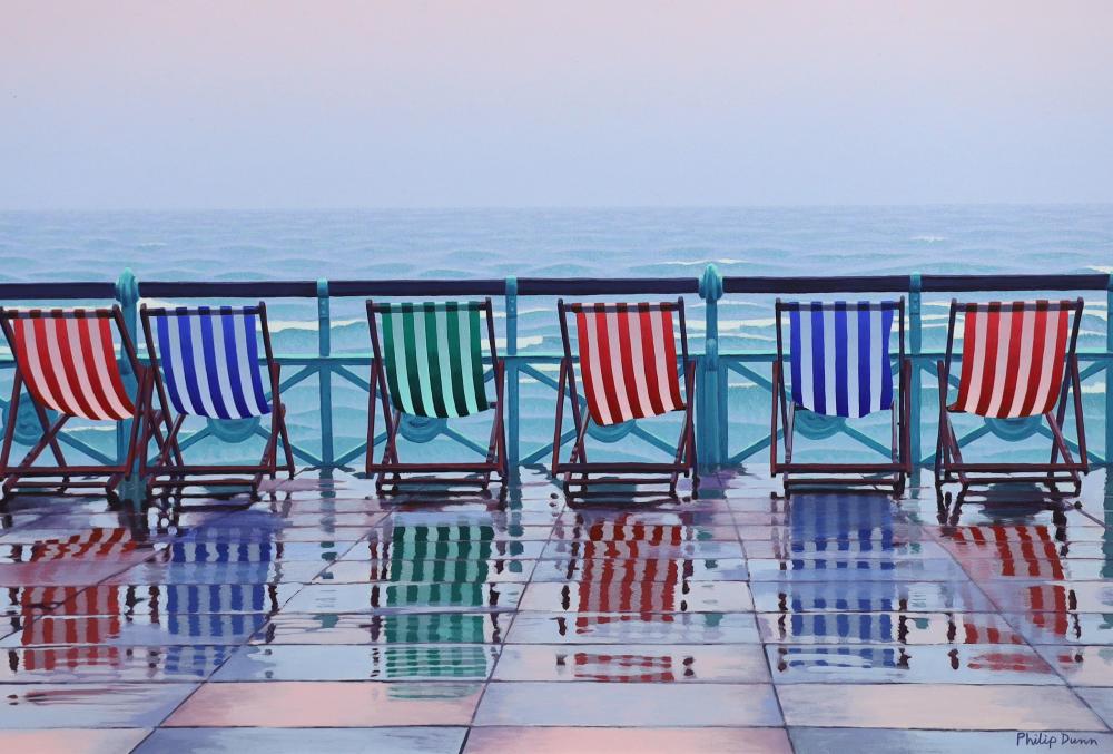 Philip Dunn comparable auction result: philip dunn english b 1945 deckchairs on the promenade acrylic on artist board 51 x 75cm unframed