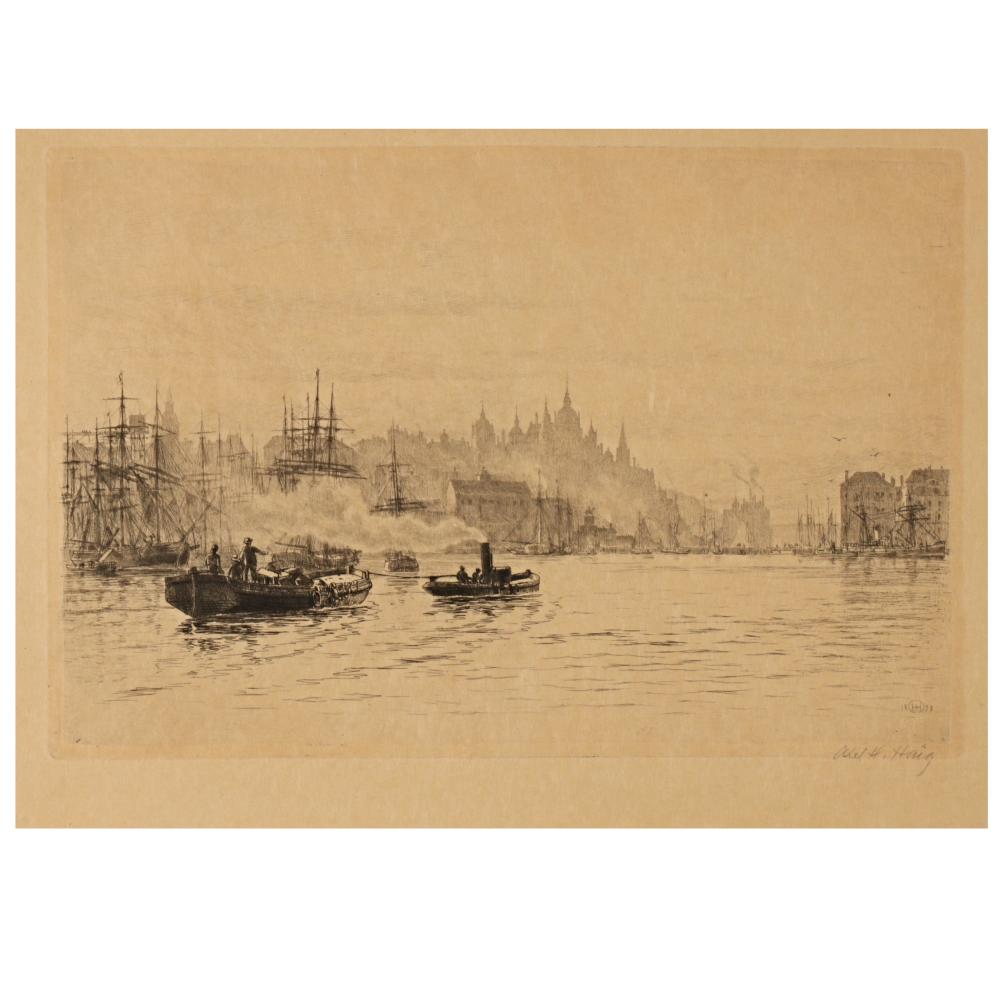 Axel Herman Haig, Swedish (1835-1921), Stockholm Harbor, 1892, etching, 11 1/2" x 16"W sold by Ripley Auctions, lot 353 — auction record photograph