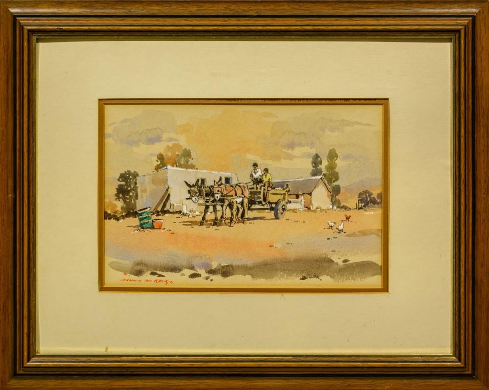 johnnie de kock sa born 1937 watercolour donkey cart signed 20 x 30 · 5th Avenue Auctioneers · 2023-12-11 Johnnie de Kock comparable auction result: johnnie de kock sa born 1937 watercolour donkey cart signed 20 x 30