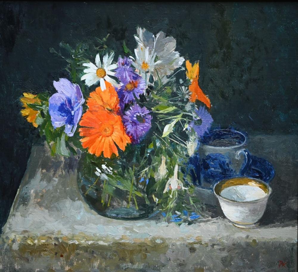 Pamela Kay comparable auction result: pamela kay b 1939 glass of late summer flowers and a white bowl oil on board signed with ini