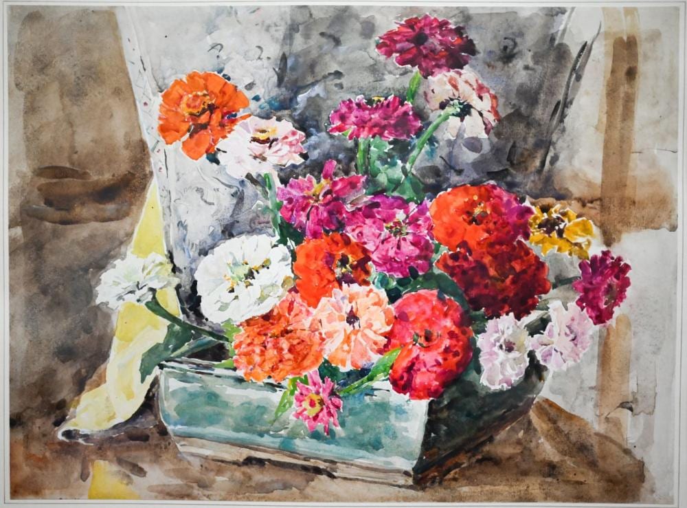 francis edward james 1849 1920 a bowl of zinnias watercolour 30 5 x 41 cm exh leicester gall · Andrew Smith & Son · 2023-12-13 Francis Edward James comparable auction result: francis edward james 1849 1920 a bowl of zinnias watercolour 30 5 x 41 cm exh leicester gall