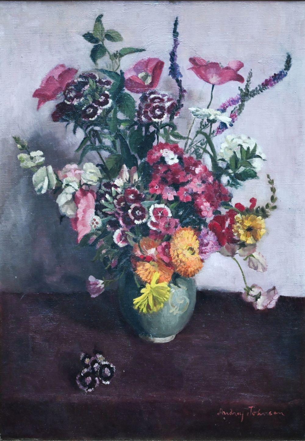Audrey Johnson comparable auction result: audrey johnson 1919 2005 still life study with flowers oil on canvas signed lower right 65 x