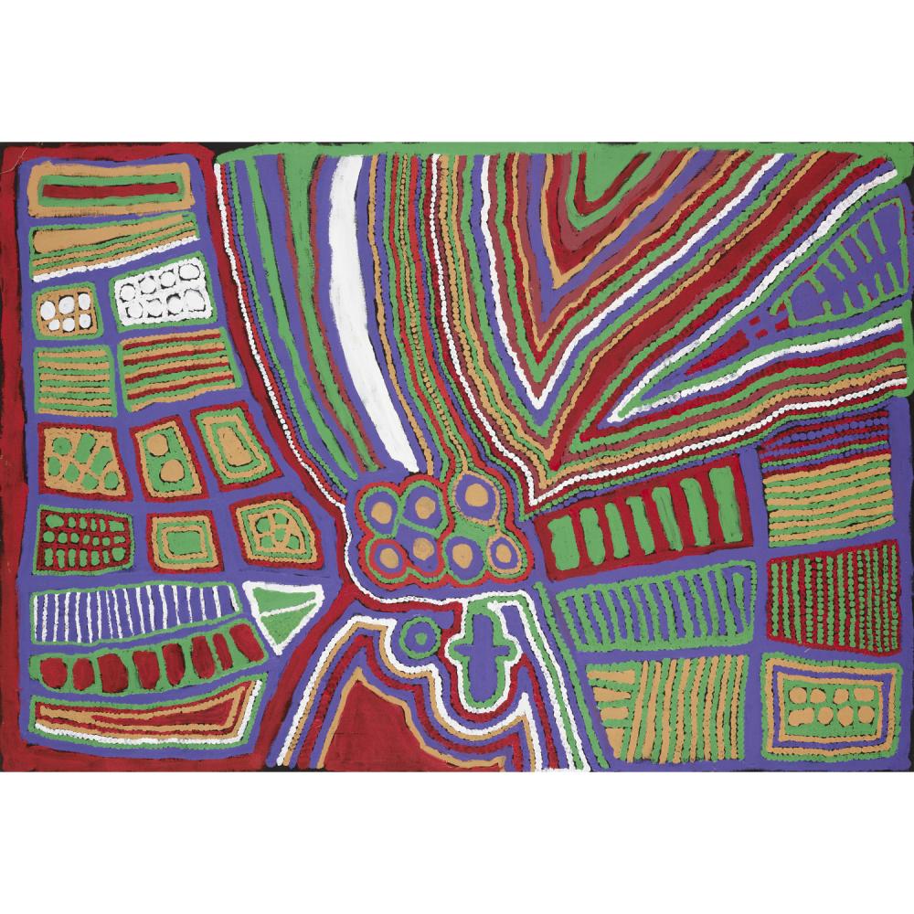 Weaver Jack comparable auction result: weaver jack c 1928 2010 language group yulparija wongu meeting synthetic polymer paint on linen 103 5 x 152cm
