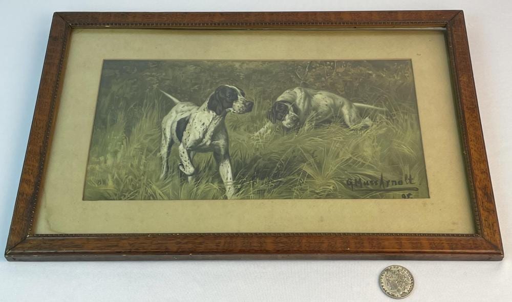 Gustav Muss-Arnolt comparable auction result: gustav muss arnolt german american 1858 1927 two hunter pointer dogs 1895 chromolithograph print framed