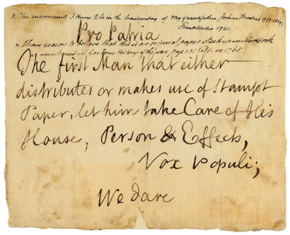 American Revolution – Stamp Act Crisis – [the Sons Of Liberty (John LAMB (?) (1735-1800)]. Manuscript document signed (“Vox Populi”), [New York, 23-24 comparable sale