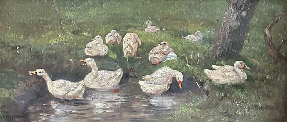 Edouard Chappel comparable auction result: edward chappel 1859 1946 wei e enten an der uferzone eines teichs mit wiese und bewuchs signiert