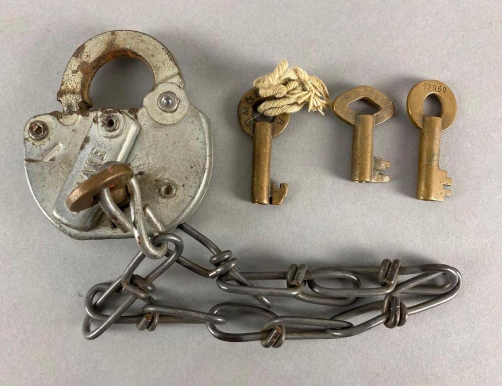 Metal padlock with chain and several brass keys, laid out on a light background.