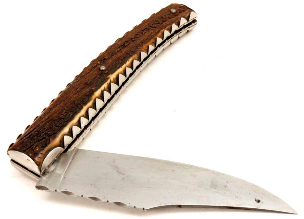 Exceptional Antique Spanish or French NAVAJA Folding Knife with Fine Silver or German Silver Mounts, Lovely Deer Stag Grips & Finely Worked Large Clip-point Blade. Tight and Snappy, Watch Your Fingers. Probably 19th Century. sold by Sofe Design Auctions, lot 1052 — auction record photograph