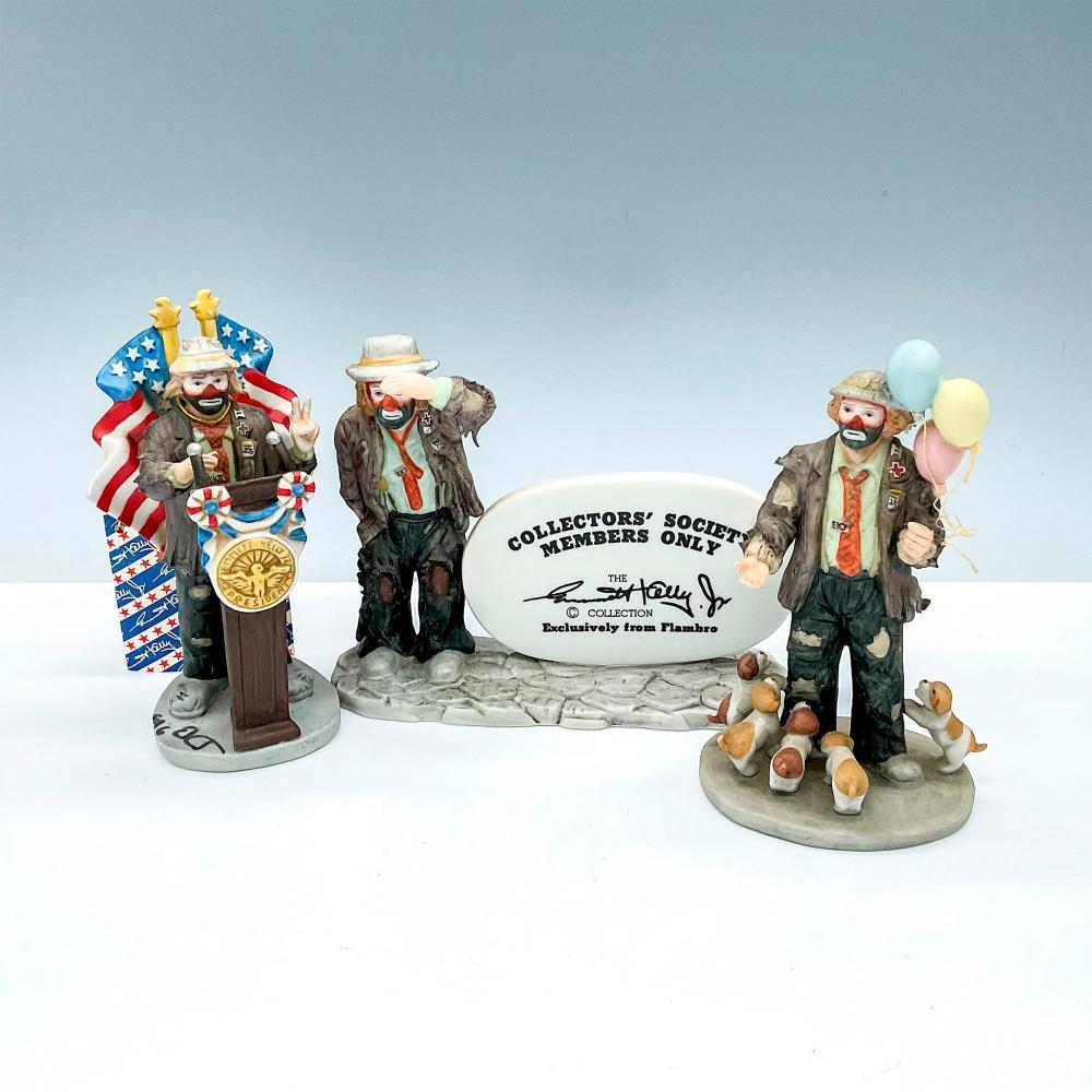 3pc Emmett Kelly Jr. Porcelain Figurines, Flambro sold by Lion and Unicorn, lot 299 — auction record photograph