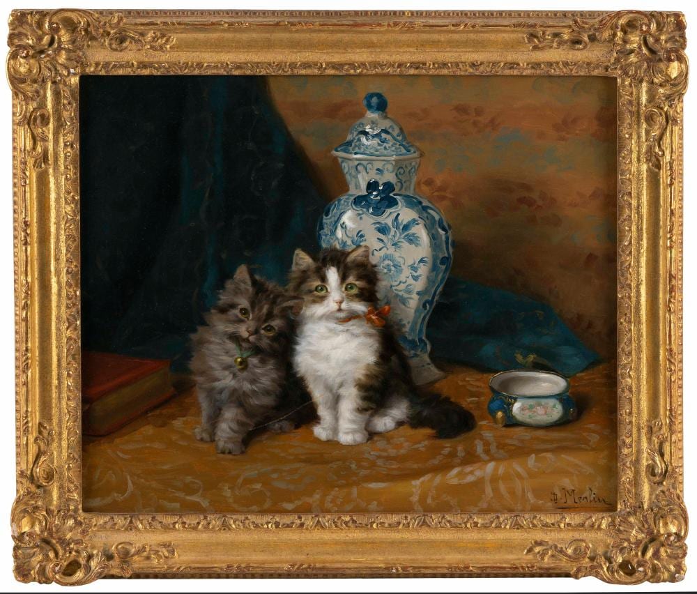 Daniel Merlin comparable auction result: daniel merlin france 1861 1933 two kittens and a chinese blue and white porcelain jar oil on canvas relined 15 x 18 framed 19 x 22