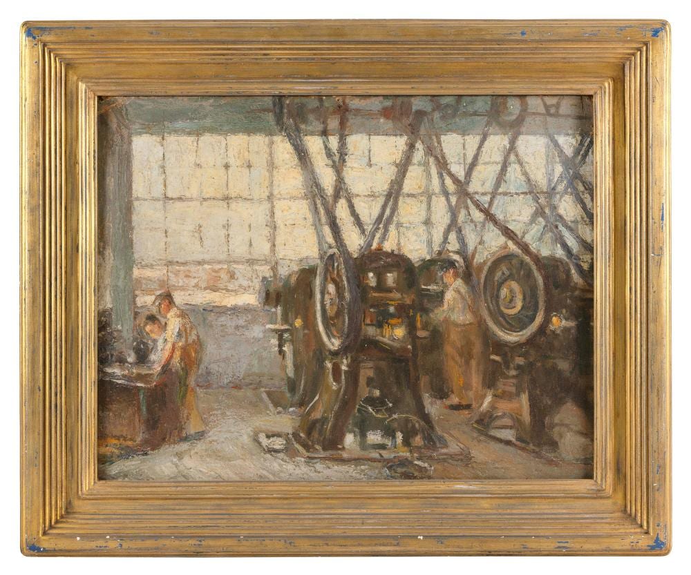 Ernest Frederick Meyer comparable auction result: ernest frederick meyer new york connecticut 1863 1952 factory interior oil on board 16 x 20 framed 21 5 x 25 5