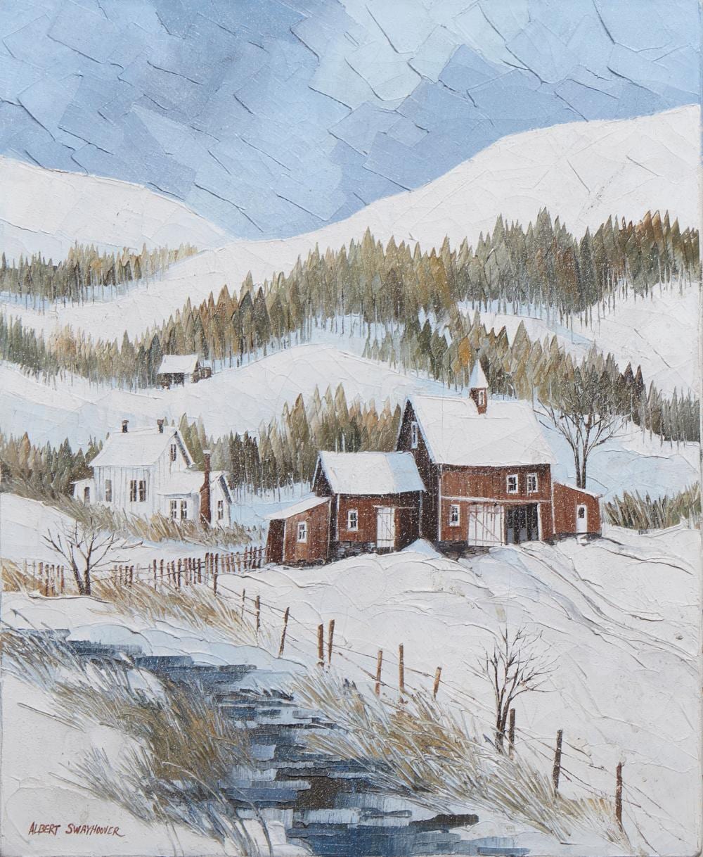 Albert Swayhoover comparable auction result: albert swayhoover american 1931 2017 church nestled in snow covered hills h 20 in w 16 in