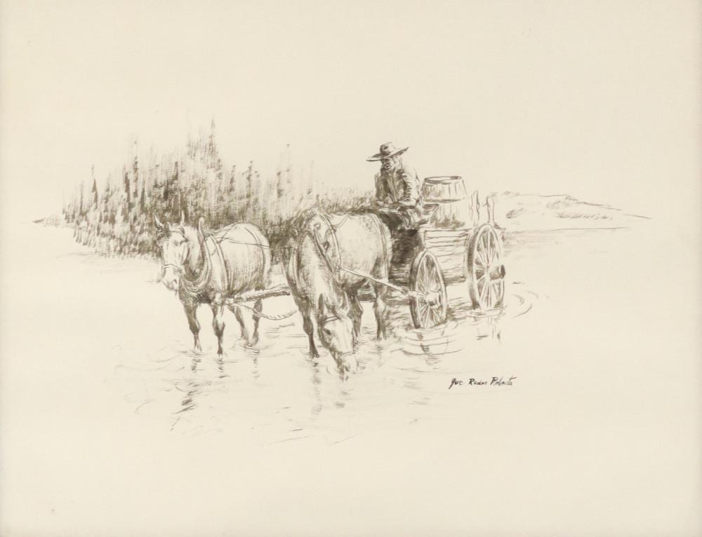 Joe Rader Roberts comparable auction result: joe rader roberts d 1982 ink study horse cart