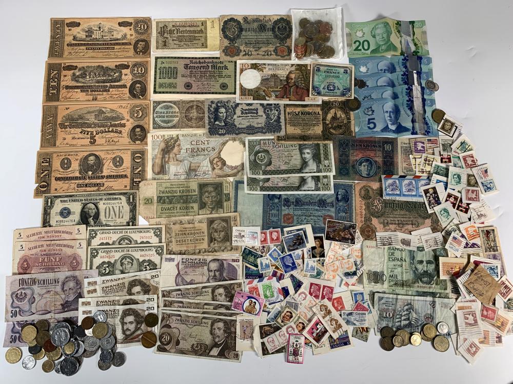 LOT OF VINTAGE AND MODERN INTERNATIONAL CURRENCY & STAMPS sold by Converse Auctions, lot 171 — auction record photograph