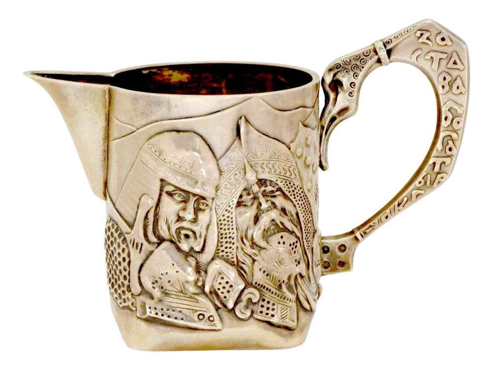 ANTIQUE RUSSIAN SILVER MILK CAN W BOGATYRS C 1909 sold by Antique Arena Inc, lot 293 — auction record photograph