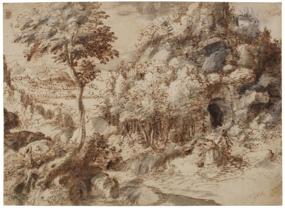 Gherardo Cibo comparable auction result: mountainous landscape with a hermit kneeling in front of a cross