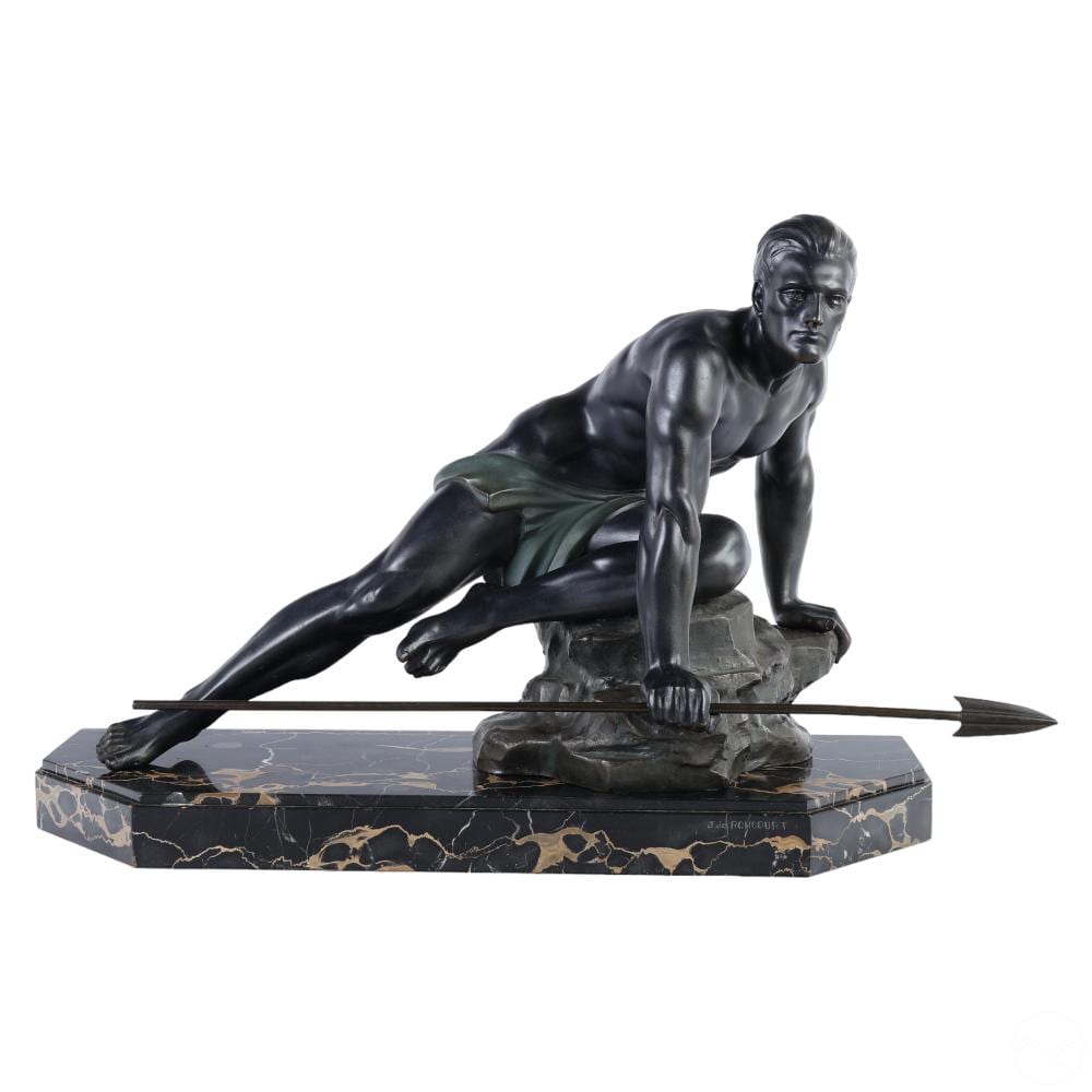 bronzed metal hunter statue after jean de roncourt · Hill Auction Gallery · 2024-02-01 Jean de Roncourt comparable auction result: bronzed metal hunter statue after jean de roncourt