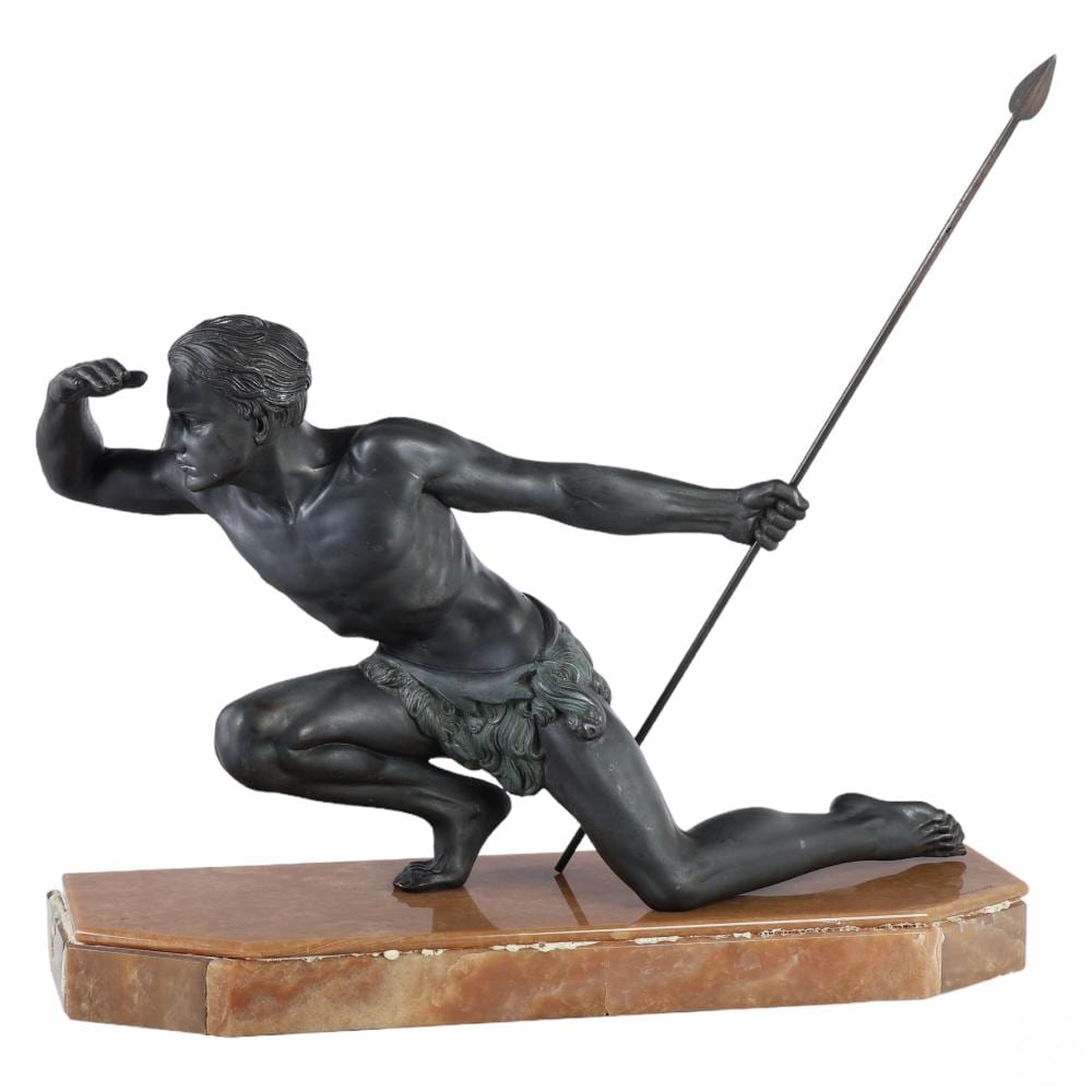 bronzed metal hunter statue after jean de roncourt · Hill Auction Gallery · 2024-02-01 Jean de Roncourt comparable auction result: bronzed metal hunter statue after jean de roncourt
