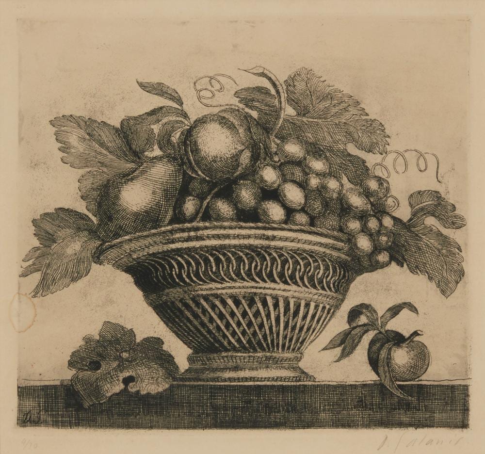 Dimitrios Galanis comparable auction result: demetrios galanis 1882 1966 basket of fruit etching on paper plate 12 375 h x 13 625 w sight 13 5 h x 14 5 w