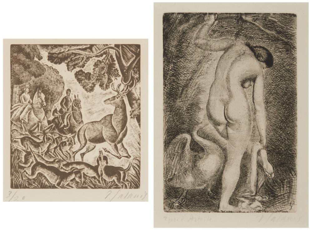 Dimitrios Galanis comparable auction result: demetrios galanis 1879 1966 two works hunting 1908 11 wood engraving on paper image 4 75 h x 4 25 w and leda and the swan 1945 etching on paper plate 9 h x 6 w