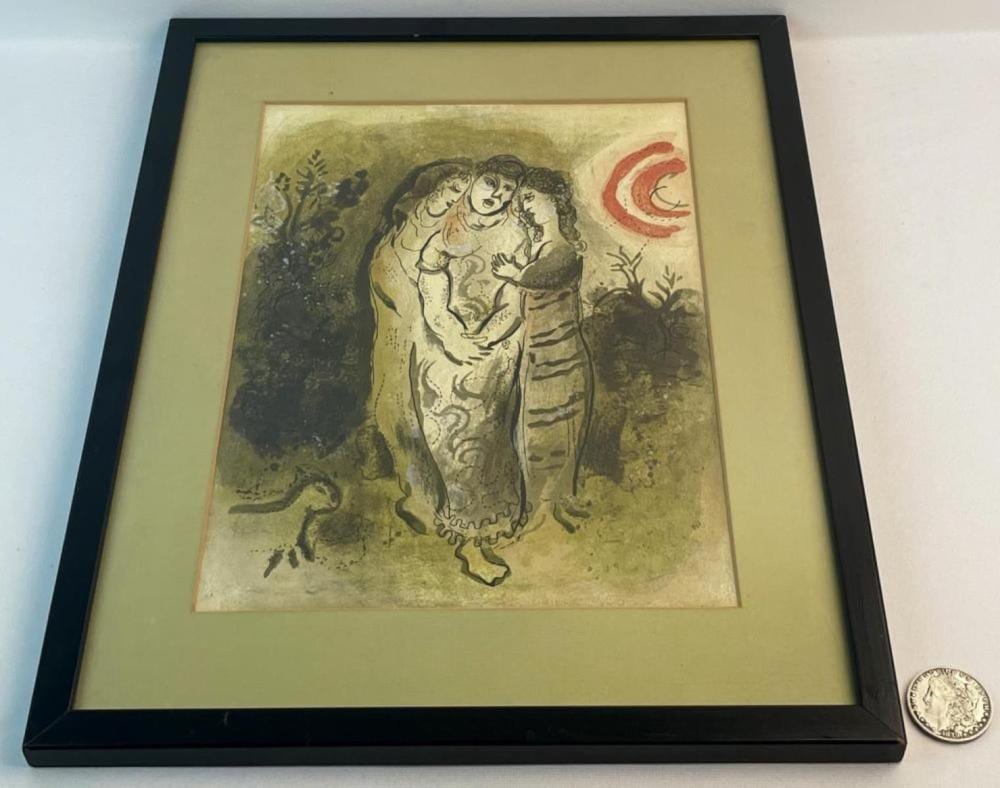 Framed vintage lithograph showing a nude woman and a standing person in a dark landscape, with a red curved shape in the sky.