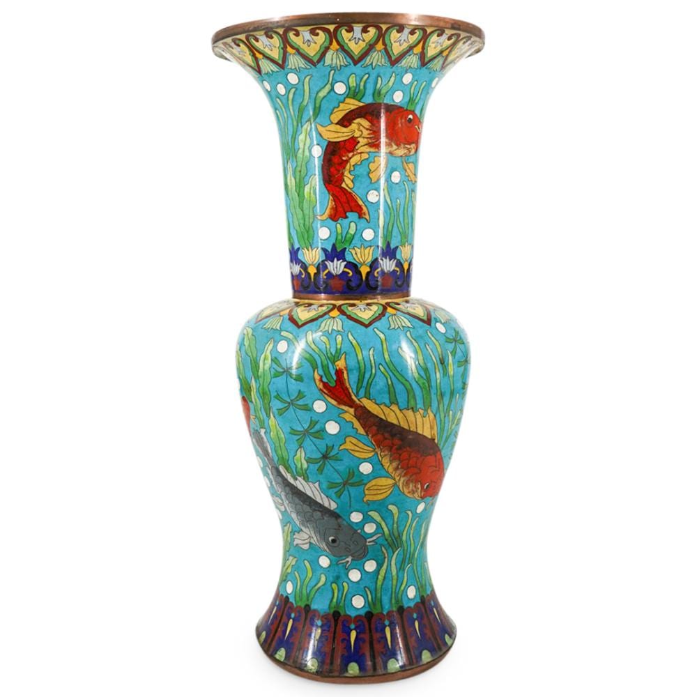Colorful enamel cloisonné vase with koi fish and seaweed designs in teal, red, and gold.