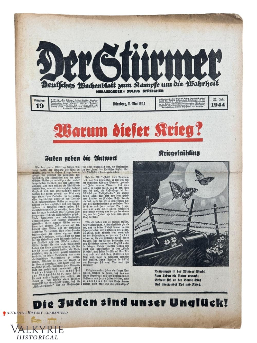 Black-and-white German newspaper page with large blackletter masthead and a red headline reading "Warum dieser Krieg?" plus article columns and an illustration.