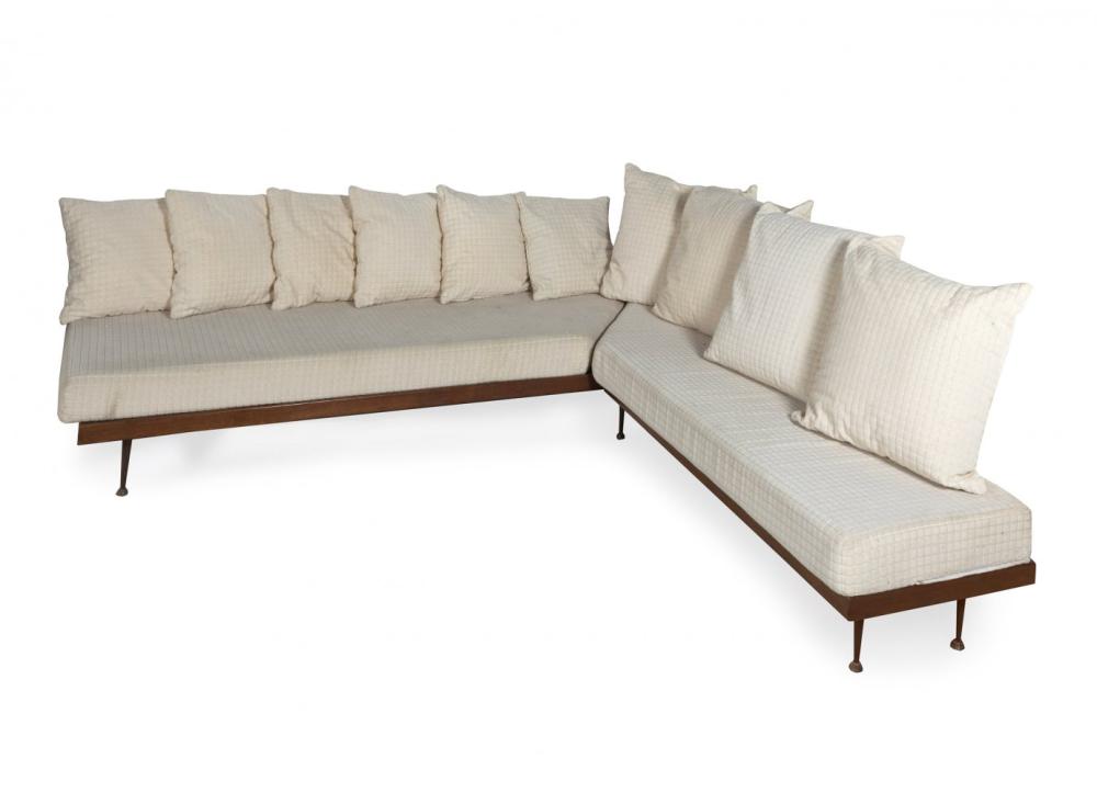 pere cosp barcelona 1907 2007 wall mounted corner sofa 1948 1949 wooden structure iron feet 10 cushions upholstered in fabric emulating reticulated felt · Setdart Auction House · 2024-01-23 Pere Cosp comparable auction result: pere cosp barcelona 1907 2007 wall mounted corner sofa 1948 1949 wooden structure iron feet 10 cushions upholstered in fabric emulating reticulated felt
