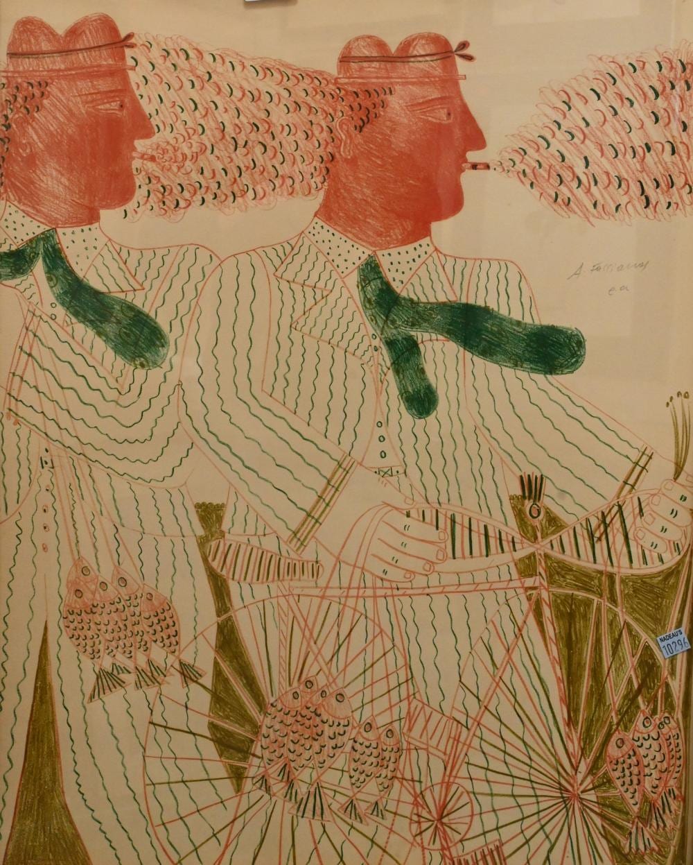 Alexander Robinson comparable auction result: alexandre alecos fassianos greek 1935 2022 two fisherman with a bike smoking lithograph signed upper right a fassianos e a 26 x 20