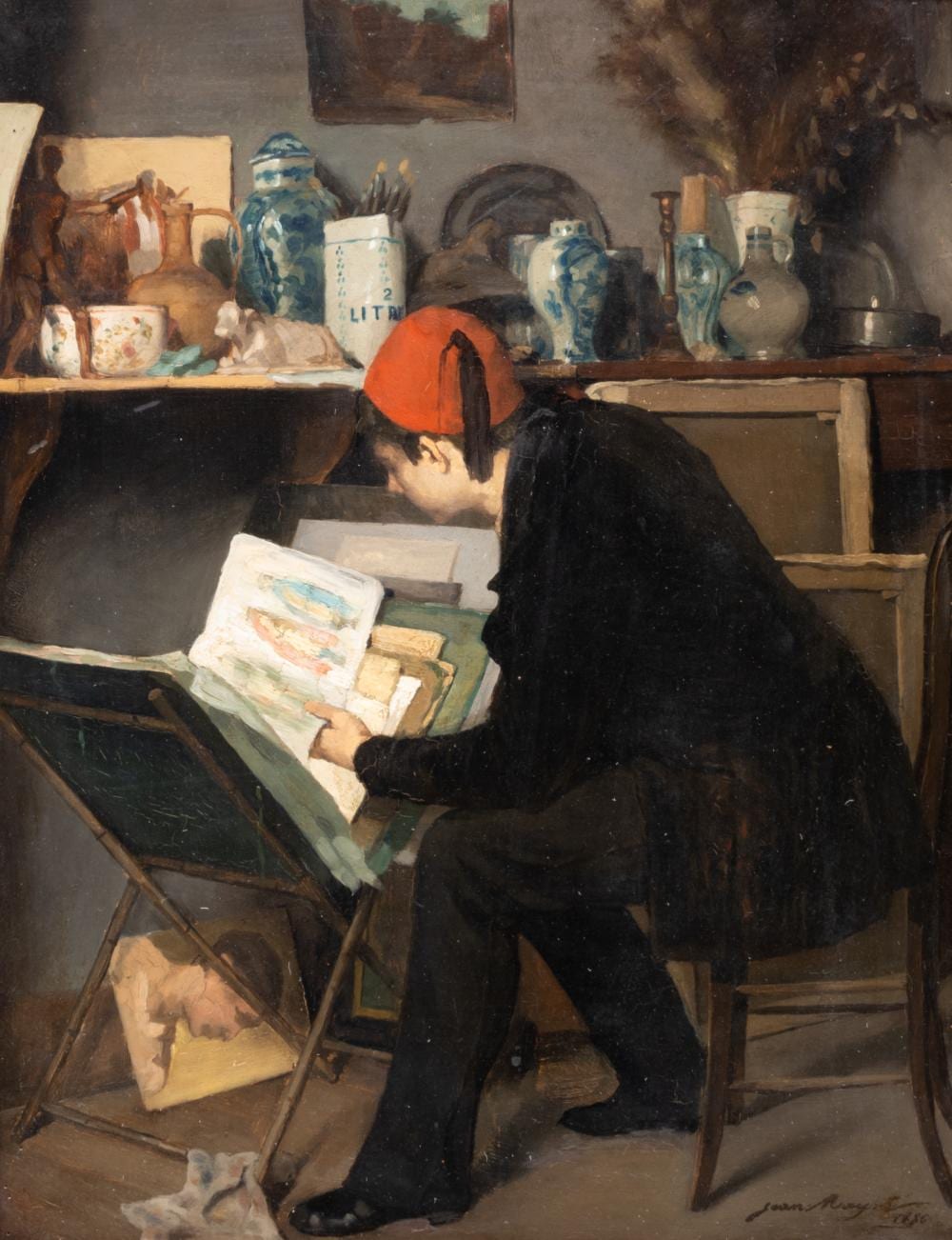 Jean Mayné comparable auction result: jean mayn 1850 1905 the young art collector on his search 1880 oil on mahogany 46 x 35 cm 18 1 x 13 7 in frame 70 x 59 cm 27 5 x 23 2 in