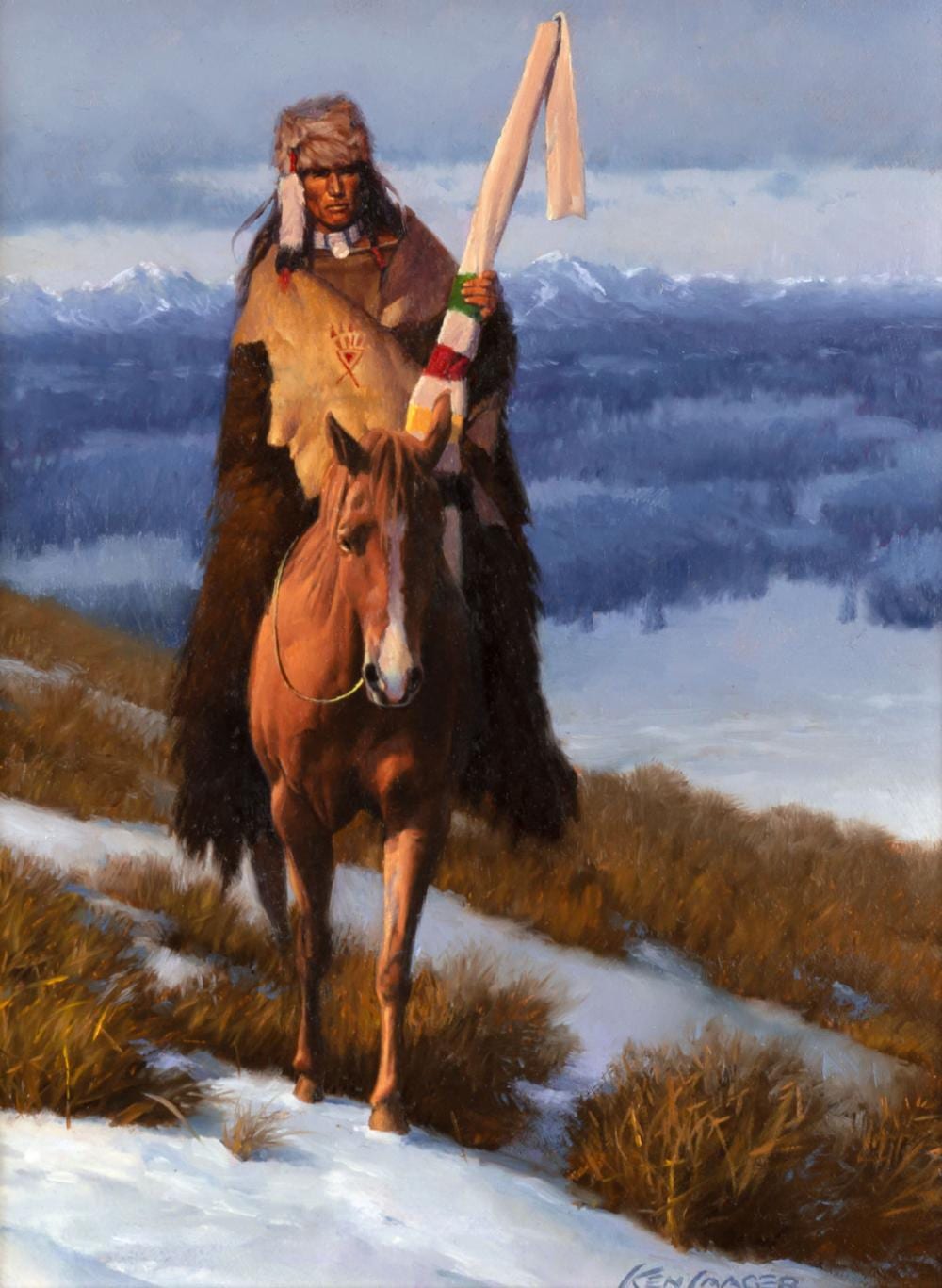 ken laager 1953 indian on horseback in snow · Jackson Hole Art Auction · 2024-02-17 Ken Laager comparable auction result: ken laager 1953 indian on horseback in snow