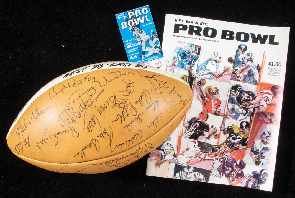 High grade 1968 Pro Bowl West team signed football with program and ticket stub. sold by Hunt Auctions, lot 142 — auction record photograph