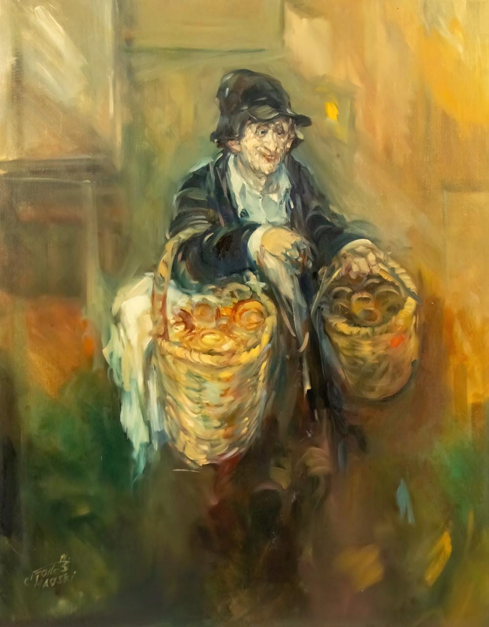Moshe Chauski comparable auction result: moshe chauski 1935 2014 pretzel seller oil on canvas mounted on board