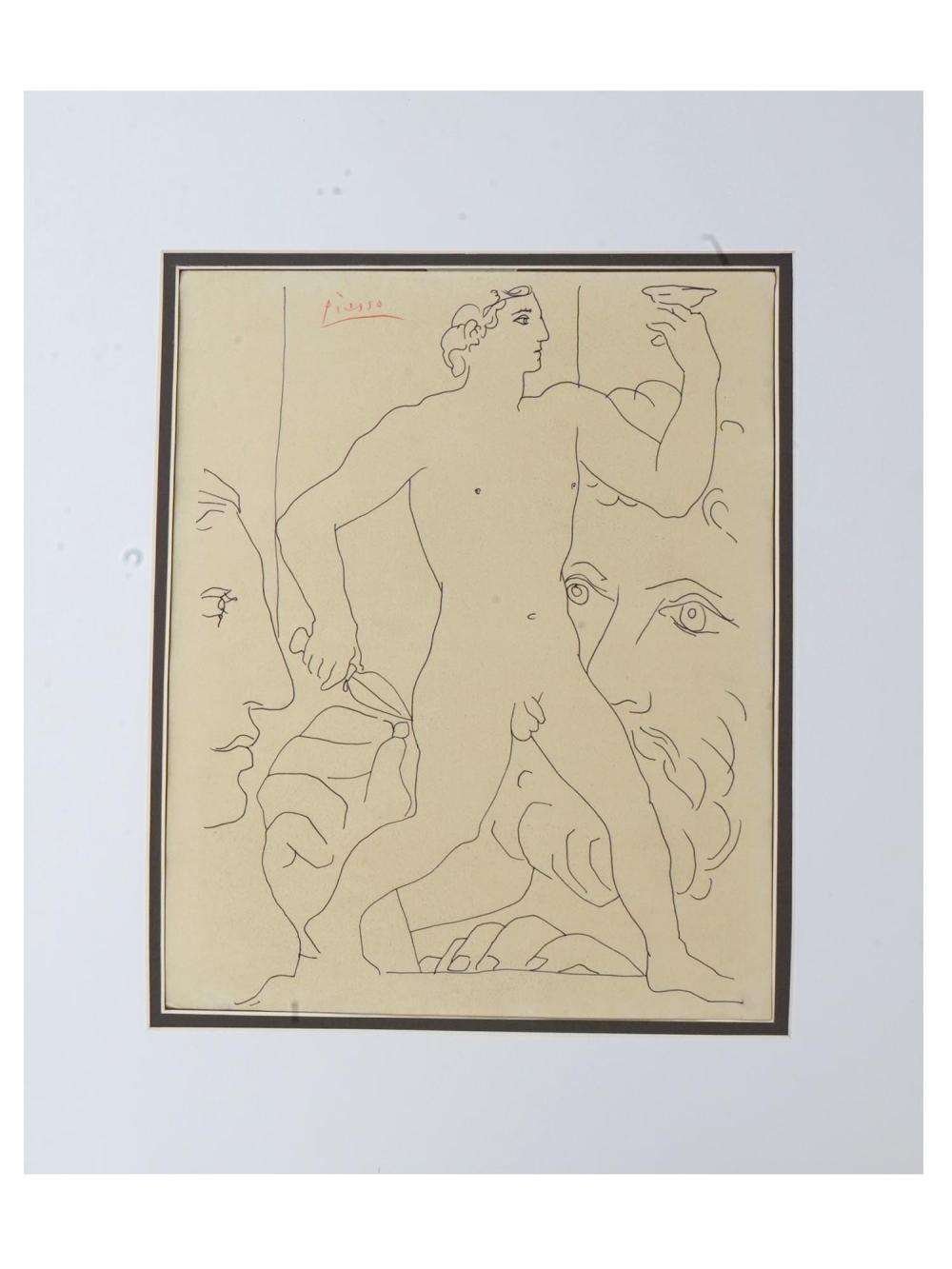 Matted line drawing on paper of a nude male figure beside an enlarged bearded face and smaller profile studies.