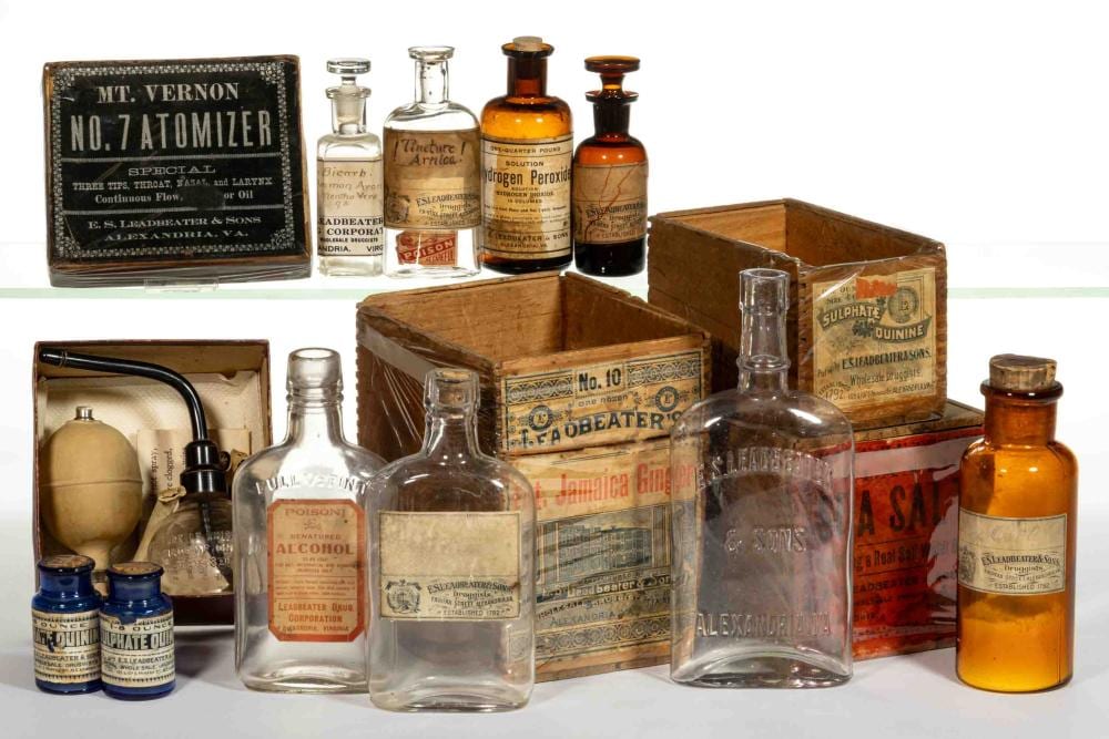 E.S. LEADBEATER, ALEXANDRIA, VIRGINIA MEDICINE BOTTLES / APOTHECARY ARTICLES, LOT OF 14 sold by Jeffrey S. Evans & Associates, lot 476 — auction record photograph