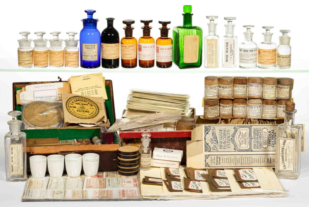 Auction comp thumbnail for ASSORTED APOTHECARY LABELS / BOTTLES AND OTHER ARTICLES, UNCOUNTED LOT (Jeffrey S. Evans & Associates, Lot 497)