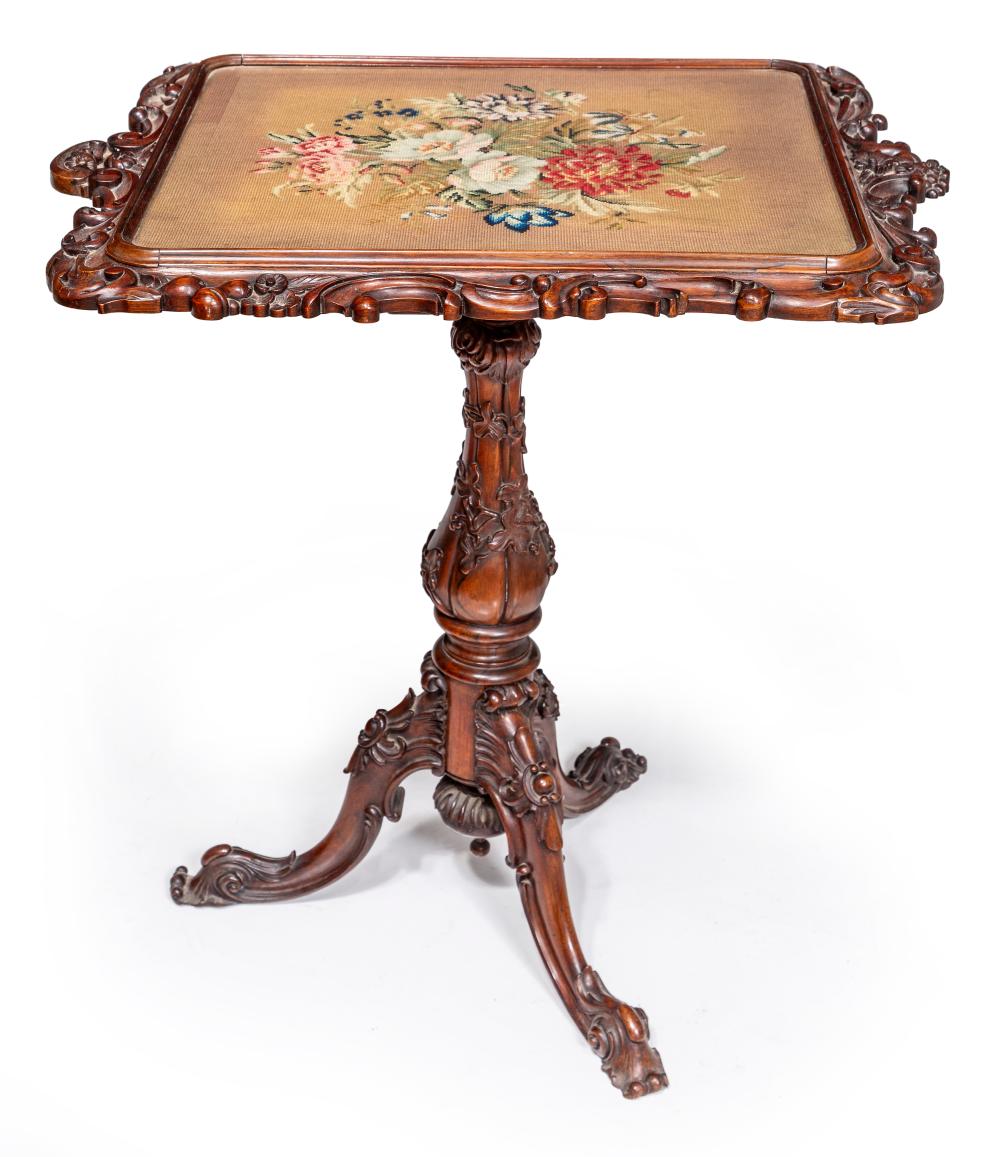 An unusual early Victorian carved rosewood tapestry top table English circa 1845 70cm wide 56cm deep 71cm high sold by For-Auction, lot 71 — auction record photograph