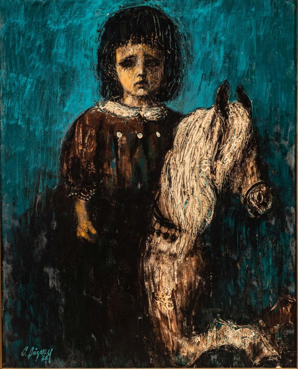 Carlos Irizarry comparable auction result: carlos irizarry puerto rican b 1938 oil on canvas ca 1964 portrait of a young girl on a hobby horse h 30 w 24