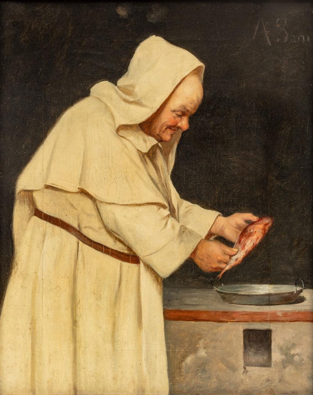 Alessandro Sani comparable auction result: alessandro sani italian 1856 1927 oil on canvas monk preparing dinner h 14 5 w 11 5
