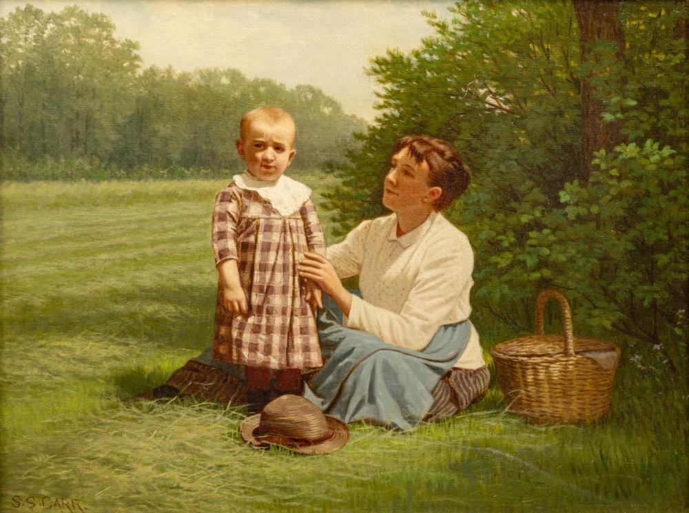 samuel s carr american 1837 1908 oil on canvas picnic with mother and child h 12 w 16 · DuMouchelles · 2024-02-16 Samuel S. Carr comparable auction result: samuel s carr american 1837 1908 oil on canvas picnic with mother and child h 12 w 16