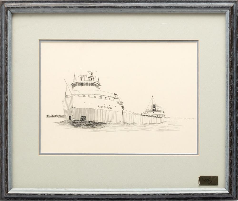 Jim Clary comparable auction result: jim clary american 1939 2018 ink sketch on paper ca 1970s great lakes freighter john dykstra h 9 5 w 12 5