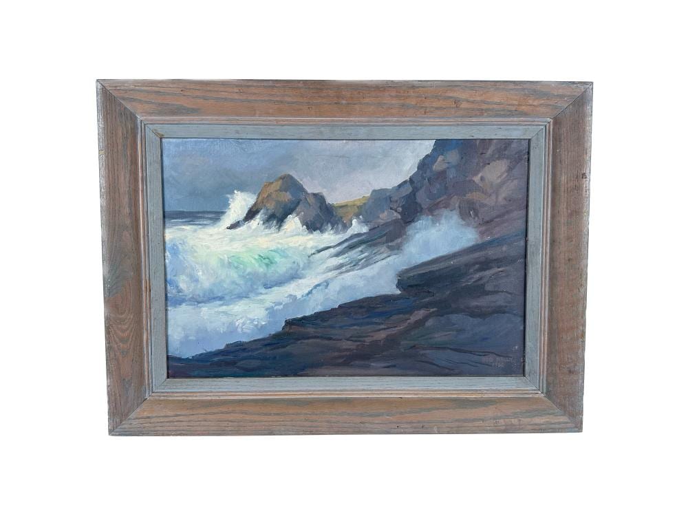 Bob Nally comparable auction result: bob nally maine massachusetts 1938 1990 monhegan island surf oil on board 16 x 24 framed 22 x 30